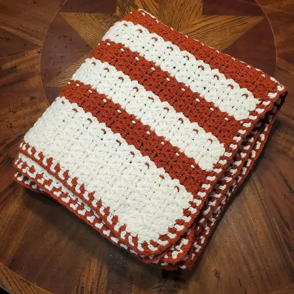 Vintage Handmade Crochet Throw Blanket Off White with Burnt Orange Stripes